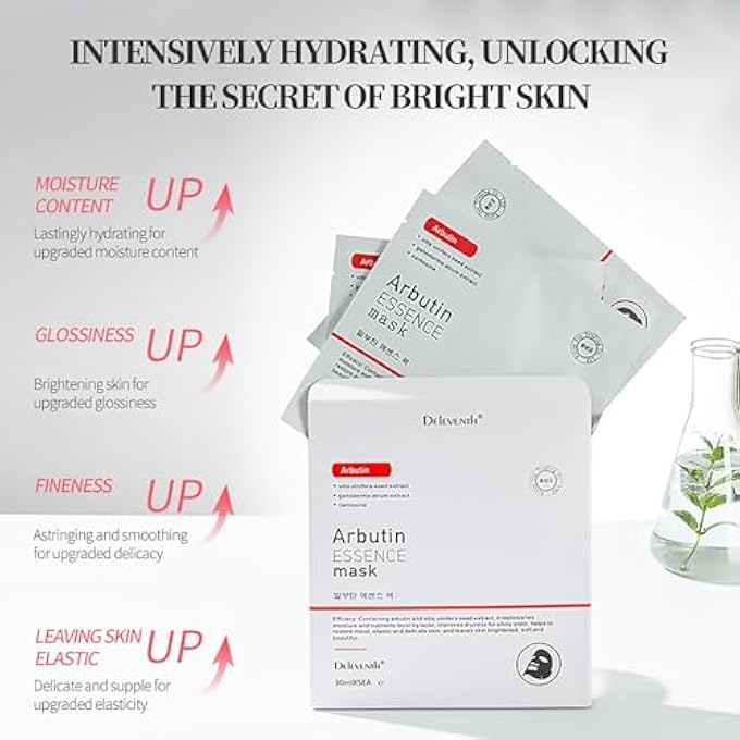 DELEVENTH KOREAN BRAND -ARBUTIN ESSENCE FACIAL MASK 30ML  5PCS / BRIGHTENS, HYDRATES, AND FIRMS SKIN, BALANCES SKIN MOISTURE AND OIL, REDUCES DARK SPOTS AND FINE LINES - Image 3